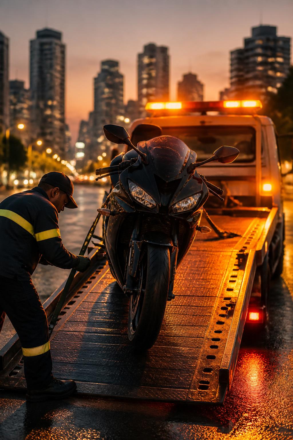 Moto sendo carregada em guincho prancha em São Paulo à noite
