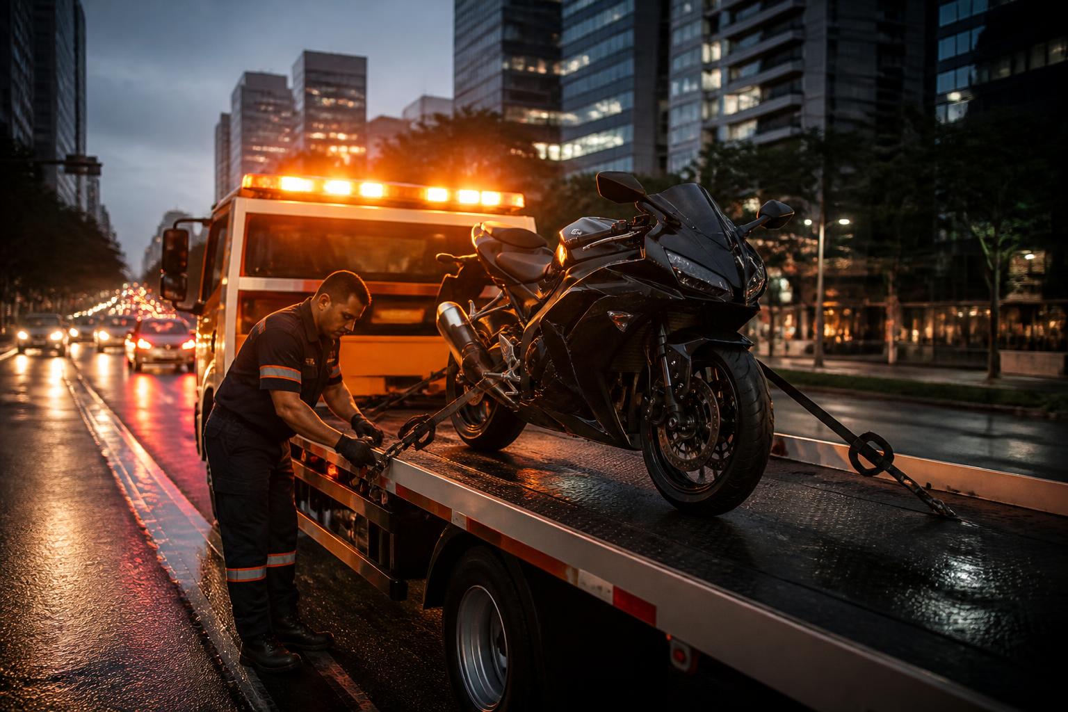 Resgate de motocicleta em avenida de São Paulo ao entardecer com guincho prancha
